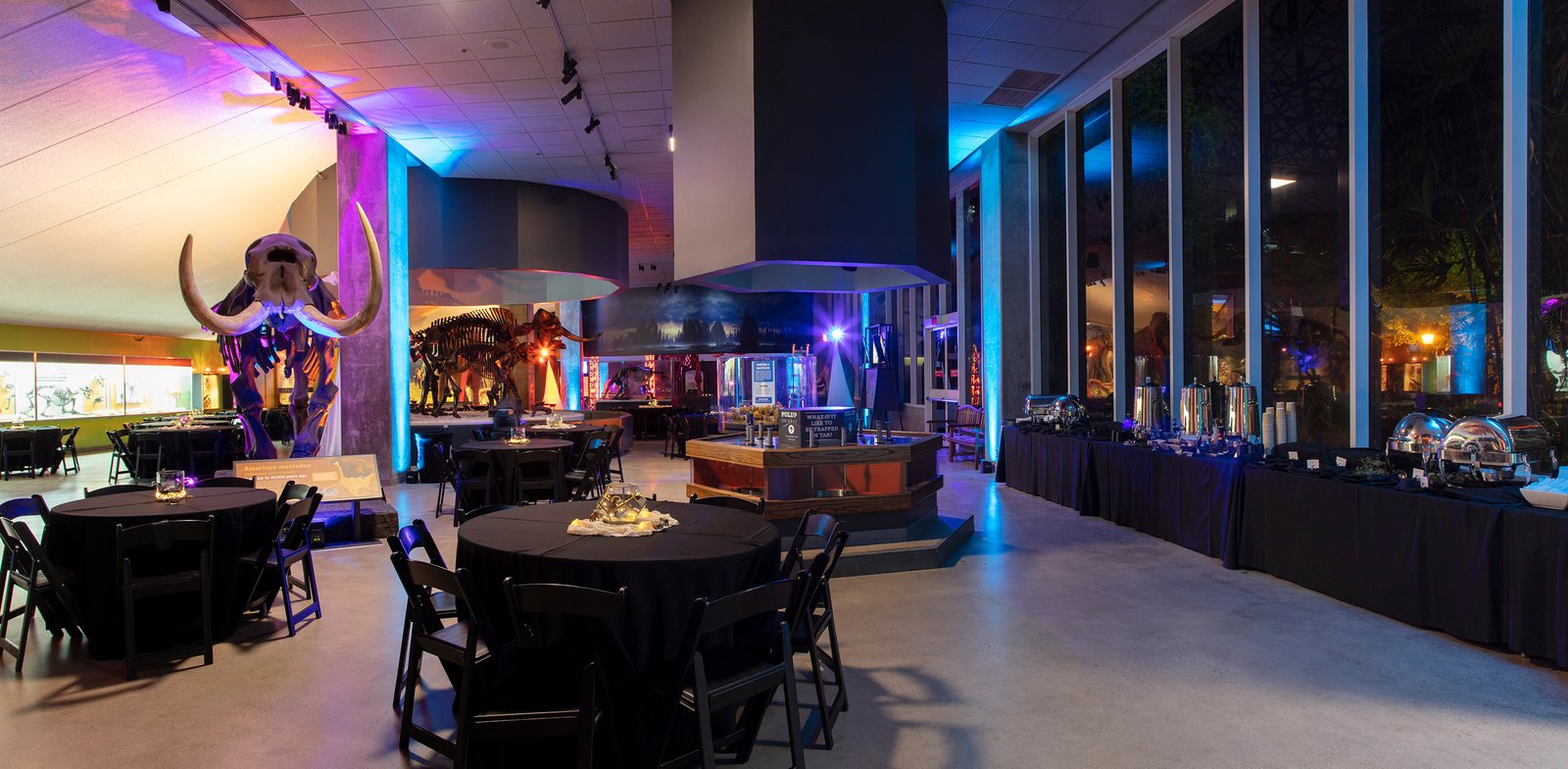 A buffet setup at the La Brea Tar Pits museum.